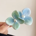 Blue and green gradient faux hydrangea hair clip with pearls for summer vacation - Gradient Hydrangea Hair Clip / Green