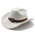 Detail of white suede cowboy hat with brown braided band and bronze star emblem - M (56-59cm) / Beige (Suede)