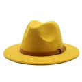 Detail of ginger wool fedora hat with textured brown belt trim and buckle detail - Yellow