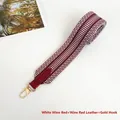 Adjustable burgundy and white geometric woven strap with gold metal hooks and leather trim - White Wine Red with Wine Red Trim