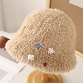 Sombrero de pescador de felpa beige con adornos de oso y botones coloridos de corazón - M(56-58cm) / Beige