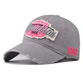Detailed view of distressed gray cotton baseball cap with 3D embroidery patch - Adjustable / Gray