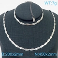Set aus Schlangenkette und Armband aus silbernem Edelstahl mit Größenangaben - 2mm Stahlfarbe 2-lagig Geflochten (Armband 18cm + 5cm Verlängerung)