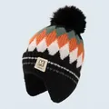 Cute kids dinosaur winter knit hat featuring colorful wave patterns and a black pompom - Color-blocked Rhombus / Black