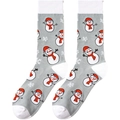 Close-up of gray knit Christmas socks with snowman patterns and white snowflake details - One Size / Gray Snowman Snowflake Style (A1269)