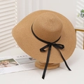 Elegant khaki straw sun hat with large brim and black ribbon bow in a classic style - Medium Brim Bow Khaki