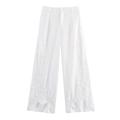 Elegantes pantalones blancos con delicado patchwork de encaje y adornos de perlas - S / Blanco
