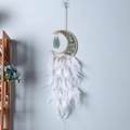 Handmade moon dream catcher with green crystals and white feathers hanging on wall - 4016A Moon White