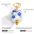 Blue floral pattern white resin charm with stainless steel gold ring attachment - Blue Floral Square Pendant (PJ91363B)