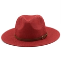 Detail of red straw fedora with brown leather belt strap and golden buckle accent - M (56-58cm) / Red