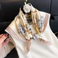 Beige silk-feel square scarf with gray rose patterns and golden chain details - New Silk Scarf/small Square Scarf 31 / 65