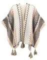Knitted shawl wrap in mixed blue and brown hues with geometric waves and fringe trim - Cardigans / Off-White