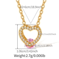 18K gold plated heart necklace featuring white zircon and a pink gemstone center - Dancing Heart Pink Stone Style (KN0494-2)