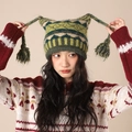 Retro boho striped knit cat ear beanie with colorful tassels in green and yellow - 108-Retro Green