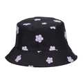 Black bucket hat with purple smile flower print and stitched brim for outdoor sun protection - M (56-58cm) / Black