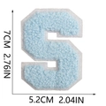 Detail showing dimensions of a light blue chenille letter S patch, 7cm in height - Letter S / Light Blue