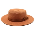 Detailed weave of tan boater hat featuring a brown faux leather band with dual stitching - Caramel color