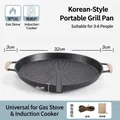 32cm Korean round non-stick grill pan with oil drainage and hemp rope handles - Round Tray + Hemp Rope + Storage Bag / Induction & Gas Stove Universal