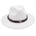 Detail of white wool fedora hat with silver bull head pendant and studded leather band - White