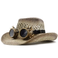 Steampunk straw hat with vintage bronze goggles and spiked trim on white background - Adjustable / Beige Coffee
