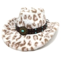 Cappello da cowboy leopardato in ecopelliccia con perle turchesi e fibbia in metallo - M (56-58cm) / Corona a Cuore Bianca