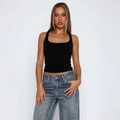 Women's black U-neck ribbed knit camisole top paired with high-waist blue denim jeans - Black