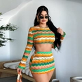 Detail view of the colorful wavy knit texture on this sexy two-piece long sleeve crop set - S / Multicolor