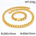 Ensemble collier et bracelet maille cubaine en acier doré avec fermoir rectangulaire - Ensemble Couleur Or 12mm (KS141839-Z)