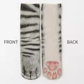 Detail of 3D animal paw print socks showing cat tiger fur texture and pink paw pads - Grey Cat Paw 03