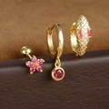Snake design earring set in gold with pink and red stones on brown leather base - 混搭组合(Y26055) / Gold-Rose Red