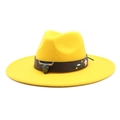 Detail of yellow wool fedora featuring bronze bull head buckle and floral embroidery - M (56-58cm) / Yellow