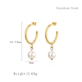 Gold stainless steel C-shape hoop earrings with 8mm white pearl drop pendants - C-Shape Hoop with Pearl / Gold (LE3060)