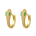 Detailed view of gold snake earrings with white pavé zircons and green gemstone eyes - Gold Snake Head Full Rhinestone Earrings (X395-B)