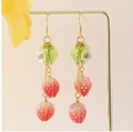 Pink gradient strawberry dangle earrings with white flowers and green leaves on gold hooks - Long Gradient Pink Strawberry Style (FN1006-1)