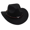 Detail of black felt cowboy hat with leather band and silver bull skull metal ornament - Kids One Size(52-54cm) / Black (Bull Head)