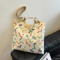 Artistic cream canvas tote bag with abstract colorful prints and wide khaki straps - Off-white Colorful Abstract Geometric