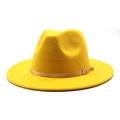 Detail of yellow wool felt fedora featuring a champagne gold band and metallic buckle - M (56-58cm) / Yellow