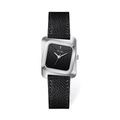 Square silver steel watch for women with black textured leather strap and geometric dial - Black - Belt