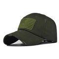 Detail of army green washed cotton baseball cap with American flag tactical patch and frayed brim - Washed Army Green