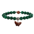 Close-up of beaded bracelet with green malachite, brown goldstone, and butterfly charm - Green Malachite + Gold Sand Stone