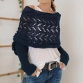 Deep blue hollow-out knit shawl wrap with long ribbed sleeves for casual winter styling - Hollow Long Shawl / Navy Blue