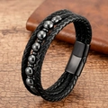 Macro detail of multi-layer black braided leather bracelet with metallic beads and magnetic clasp - Black Leather + Black Metal Beads