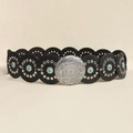 Ceinture noire en cuir avec clous en turquoise et boucle ronde argentée gravée - Argent Noir