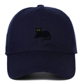 Detail of yellow-eyed black cat embroidery on navy blue cotton baseball cap - Adjustable / Navy Blue