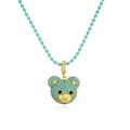 Cute gold bear pendant necklace with turquoise bead inlay and beaded chain for women - Gold With Lake Blue Zircon