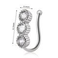 Silver clip-on nose ring with three clear zircons and 9.7mm curved design - Three Round White Zirconia