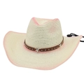 Gradient pink woven straw cowboy hat with leather star band and adjustable chin strap - Gradient Straw Hat (CM0287) / Milk White With Windproof Rope (Yellow Leather Pentagram)
