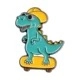 Cartoon blue dinosaur enamel pin wearing yellow hat and riding a skateboard - Skateboarding T-Rex-Cyan Blue