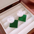 Detail of green resin square and white circle earrings in a vintage wooden jewelry box - Green White Spliced Geometric Style (6#银针-绿色-菱形)