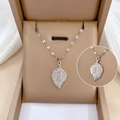 Silver leaf pendant necklace in titanium steel with Chinese character and coin design - N314 Wealth Leaf Silver